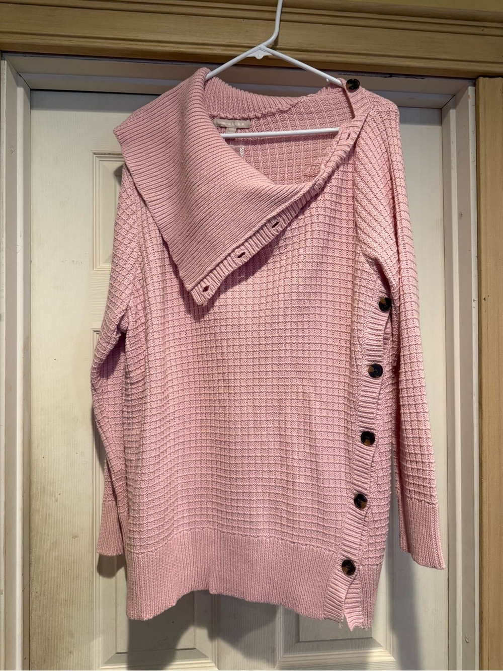 Woman Within Pink Off-the-Shoulder Button-Accent Knit Sweater